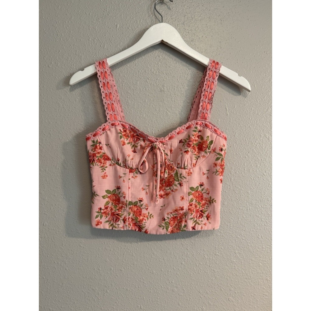 Thirty Thirty LA Floral Milkmaid Bustier Top NWT Pink Coquette Ribbon Trim Small